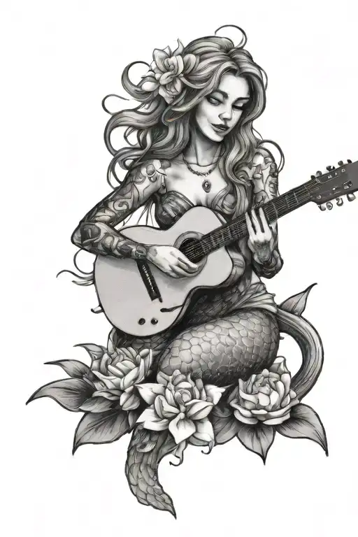 A Mermaid Playing A Guitar Surrounded By Gardenias And Candles