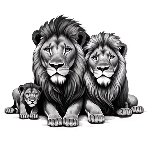 Two Lions With Two Baby Lions