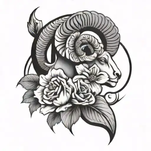 Femine Abstract Minimalistic Design Featuring Flowers With Aries Zodiac Symbol