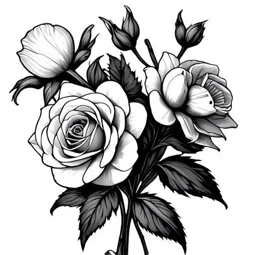 Daffodil And Rose Bouquet Fine Line Drawing