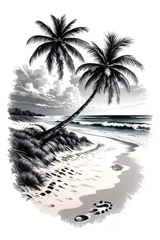 Sandy Beach With Footprints And Palm Trees