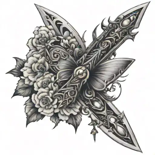 A Futuristic Sword Design With Butterfly And Flower Motifs