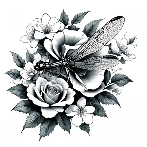 Small Dragonfly With Big Roses And Cherry Blossoms