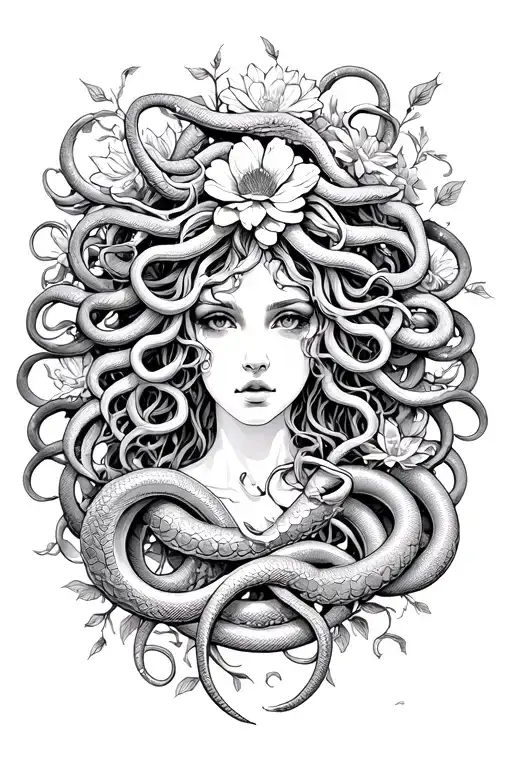 Medusa Head With Snakes And Flowers Surrounding Her Head