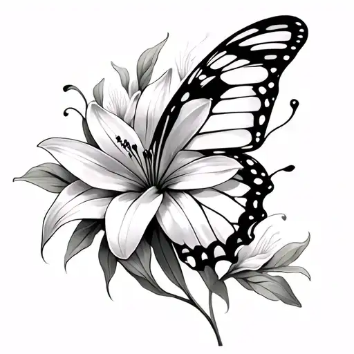 Butterfly And Lily Flowers Sleeve Tattoo Design