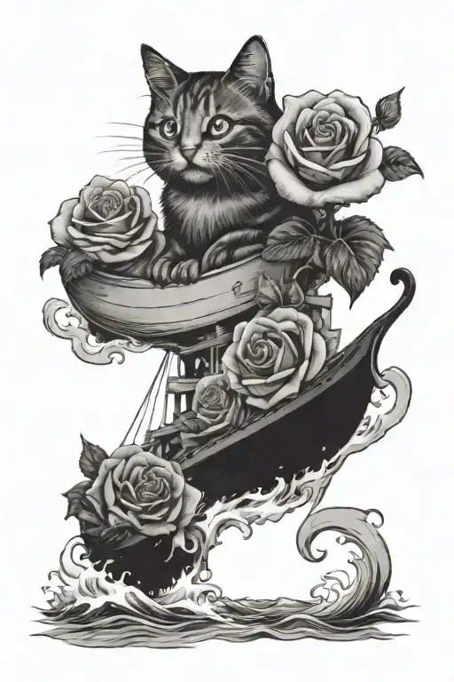 And Cat Sitting On A Boat On A Rough Ocean With A Rose Painted On The Boat