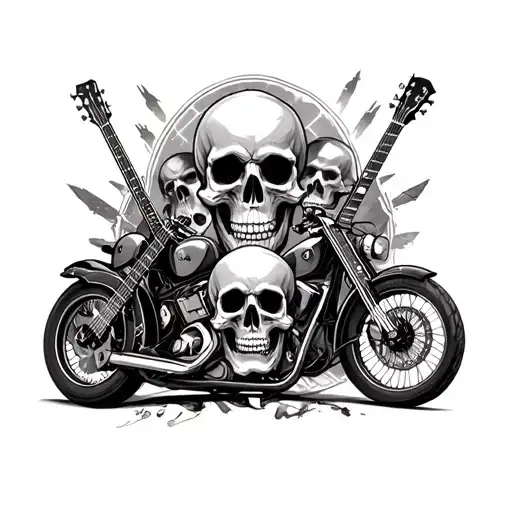 A Lot Of Skull In The Background And 2 Guitars And Motorbikes