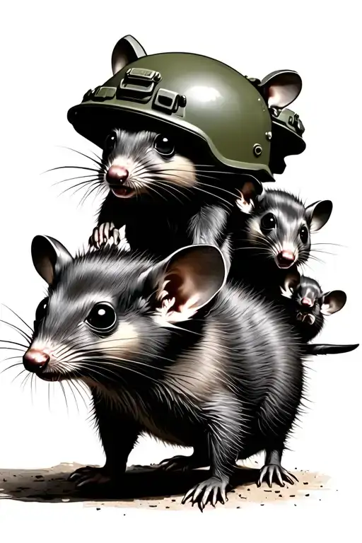 Opposum Momma Chasing Several Baby Opposums With Army Helmets