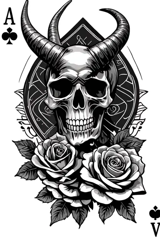 4 Cards Aces With A Long Horn Skull And Roses
