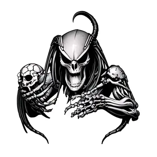 Predator Alien Holding A Skull And Spine