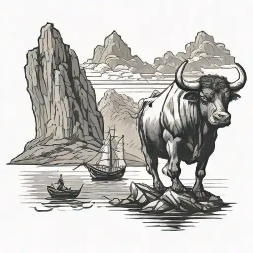 A Shipyard Scene With A Bull Pulling A Ship Towards The Mountains