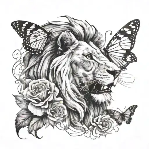 Lion Head And Butterfly And Bird Flying Away With Spiderweb