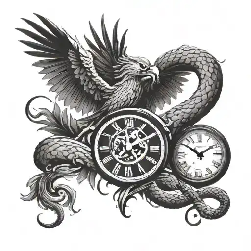 A Tattoo Design Featuring A Combination Of Phoenix Fighting A Snake In Front Of A Clock