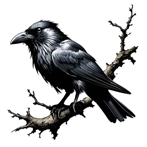 Traditional Raven On Branch