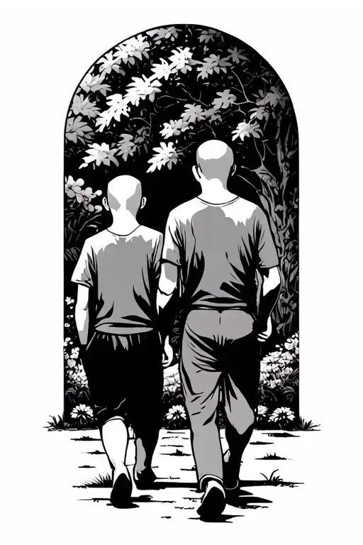 Tattoo Design Black Ink Boy And Dad Walking Along Dad Bald Boy Shoulder Long Hair Japeneese Garden