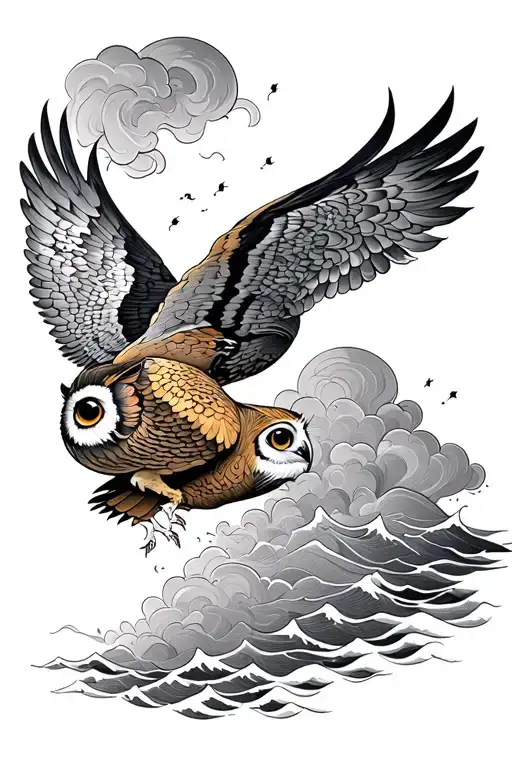 Waves And Clouds With An Owl