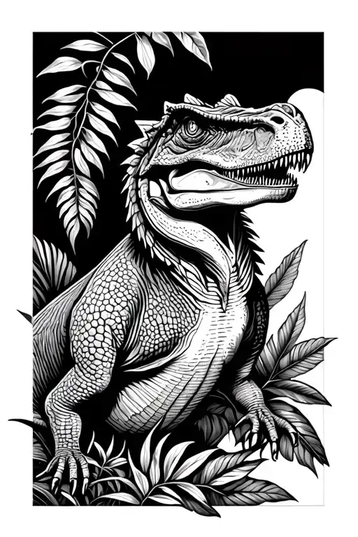 Velociraptor Full Body Surrounded By Foliage Line Art