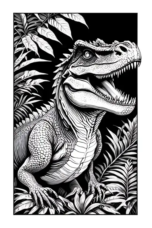 Velociraptor Full Body Surrounded By Foliage Line Art