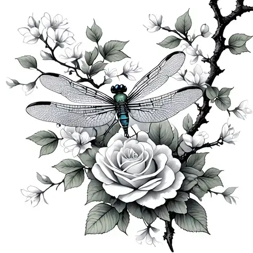 Dragonfly Perched On Branch Roses And Cherry Blossom Tree