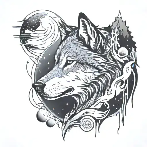 Wolf Profile Surrounded By Mountains And Planets