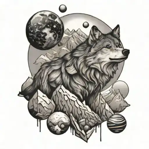 Wolf Surrounded By Mountains And Planets
