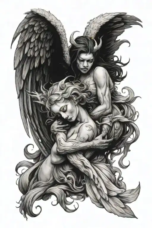 Winged Female Angel And Demon Embracing Each Other