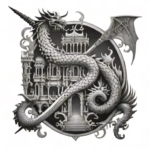 A Grand Palace With Intricate Sword Designs Adorning Its Walls And A Dragon Flying Overhead