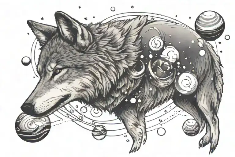 Wolf In Cosmos With Planets