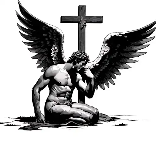 Male Angel Kneeling In Front Of The Cross