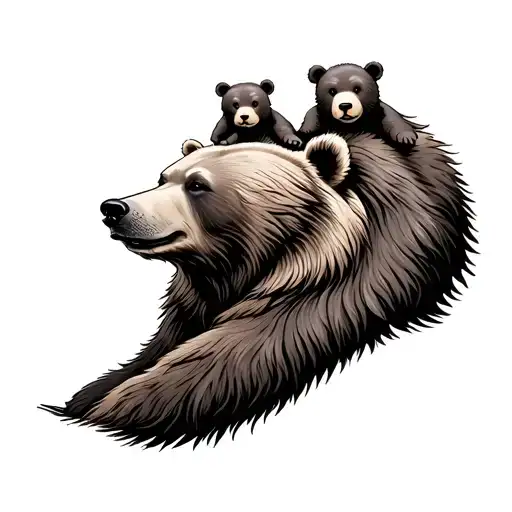 Big Brown Bear With A Little Bear On Top Of His Shoulders