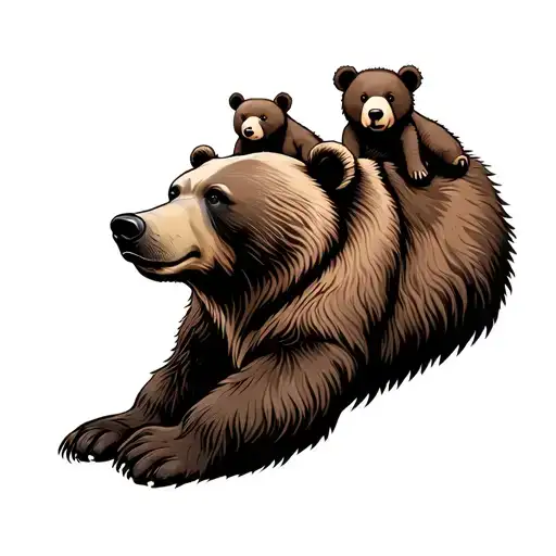 Big Brown Bear With A Little Bear On Top Of His Shoulders
