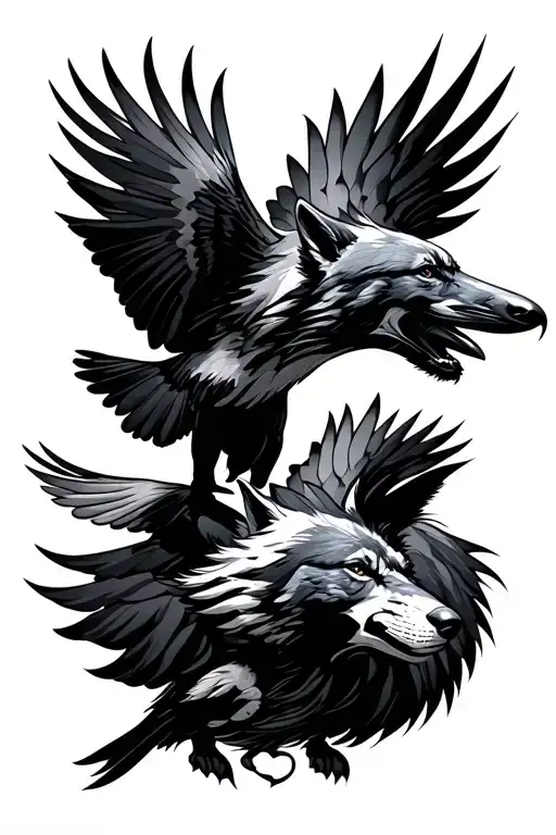 Wolf And Raven Flying