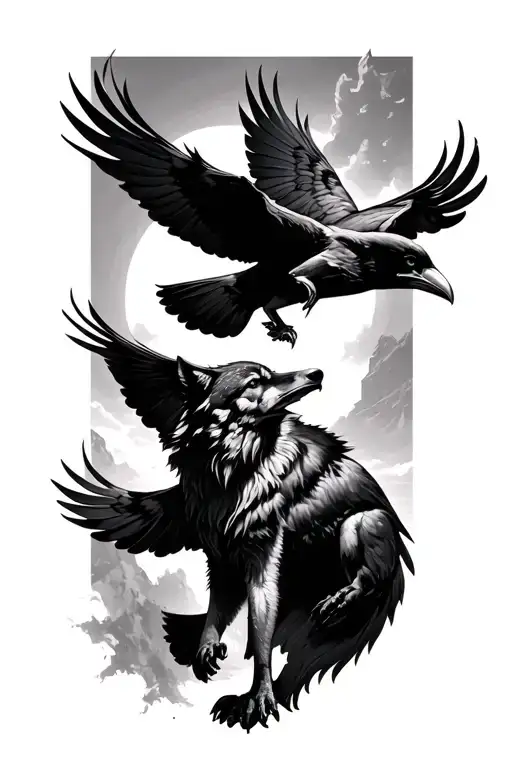 Wolf And Ravens Huginn And Muninn Flying