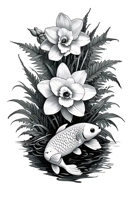 Daffodil's With Koi Fish And Ferns
