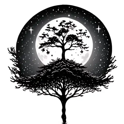 Life Of Tree With Stars And Moon Surrounded
