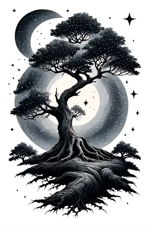 Life Of Tree With Stars And Moon Surrounded