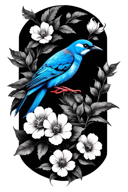 A Blue Ren Bird With 3 Flowers Intertwined