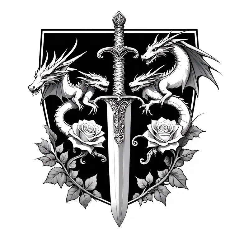 3 Small Dragons Flying Around Dagger With Roses On It