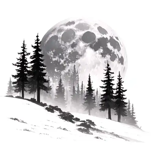 Massive Forest Landscape With Huge Moon In The Background