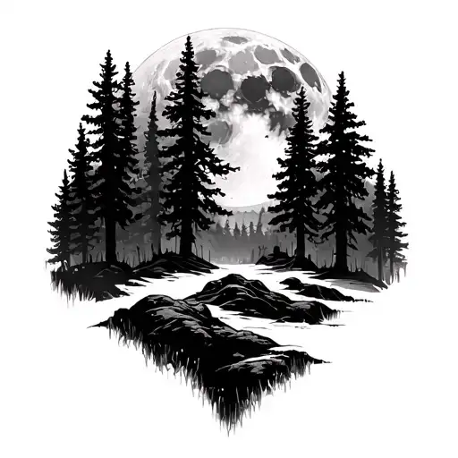 Massive Forest Landscape With Huge Moon In The Background