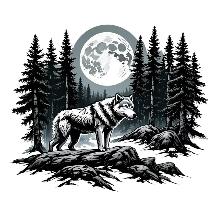 Massive Forest Landscape With Huge Moon In The Background Tattoo With Wolves