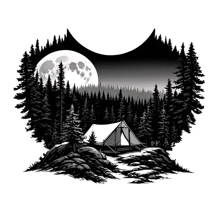 Massive Forest Landscape With Huge Moon In The Background Tattoo With Campsite