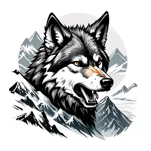 Growling Wolf And Mountains
