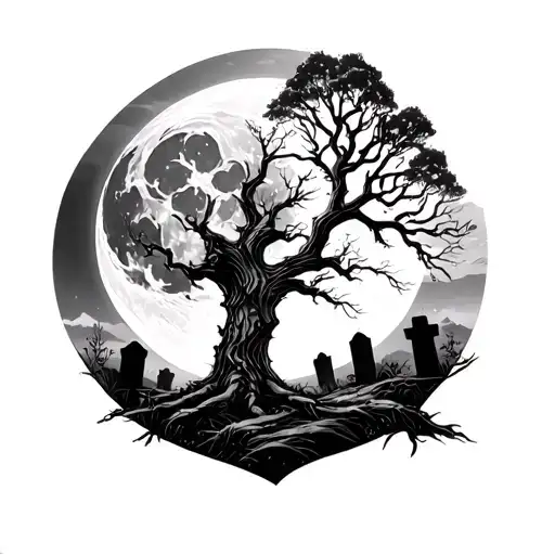 White Oak Tree Moon And Cemetery