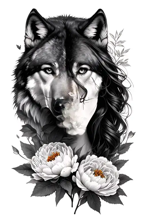 Half Woman And Half Wolf Portrait Together Hidden In Leaves And Peony