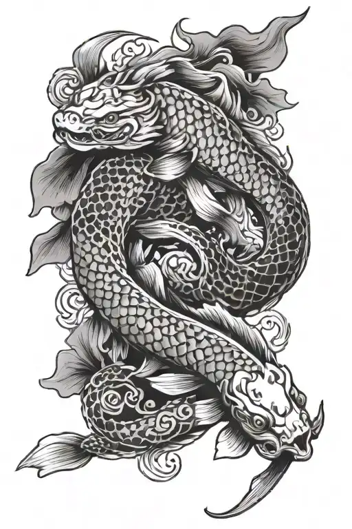 Japanese Koi Fish And Japanese Dragon Intertwined