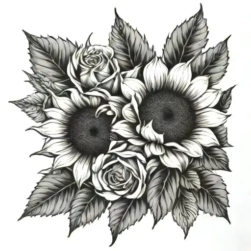 Sunflower And Roses Outline