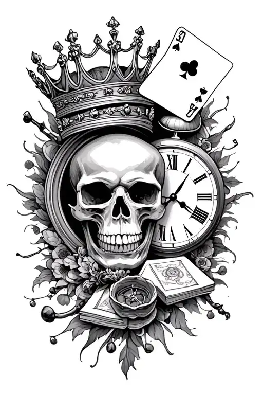 Skull And Crown And Clock And Cards