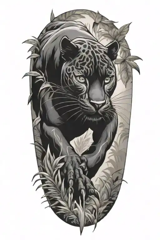 Black Panther Swimming Upstream Surrounded By Rainforest