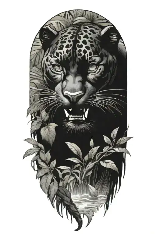 Black Panther Swimming Upstream Surrounded By Rainforest